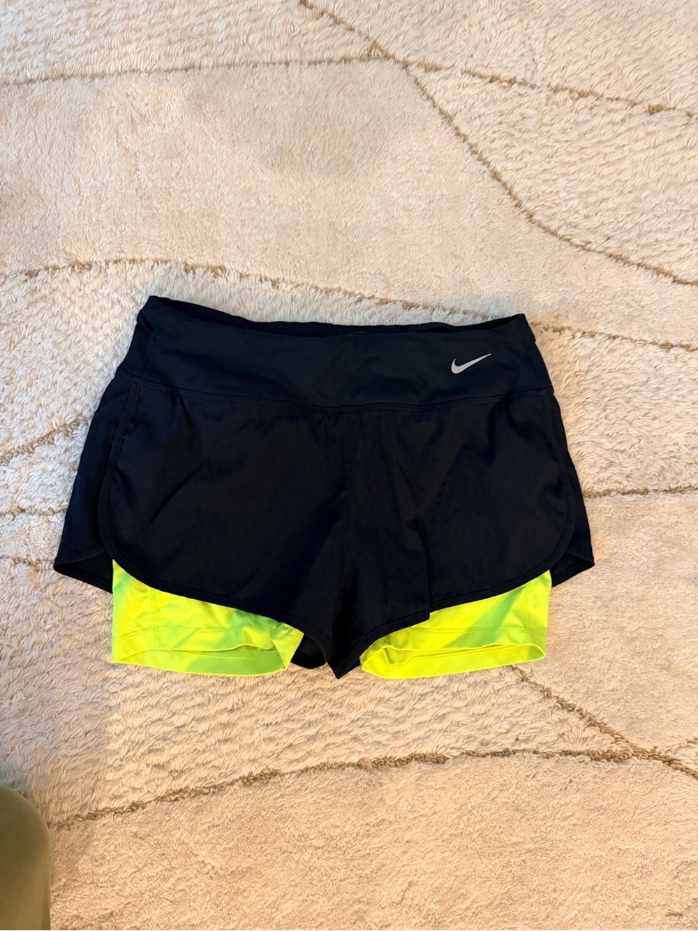 Nike Women's Black Running Shorts with Neon Yellow Nike short